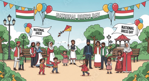 Diverse people in national dress celebrate National Dress Day in a park with flags and balloons representing cultural heritage and unity