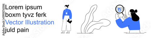 Business, market research, HR management, teamwork, education, analytics. Two people analyzing data with minimalistic leaves. Business and market research concept