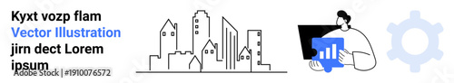 Business solutions, urban development, technology integration, data analytics, teamwork, innovation. Person analyzing growth chart, city skyline gear icon. Business solutions and urban development