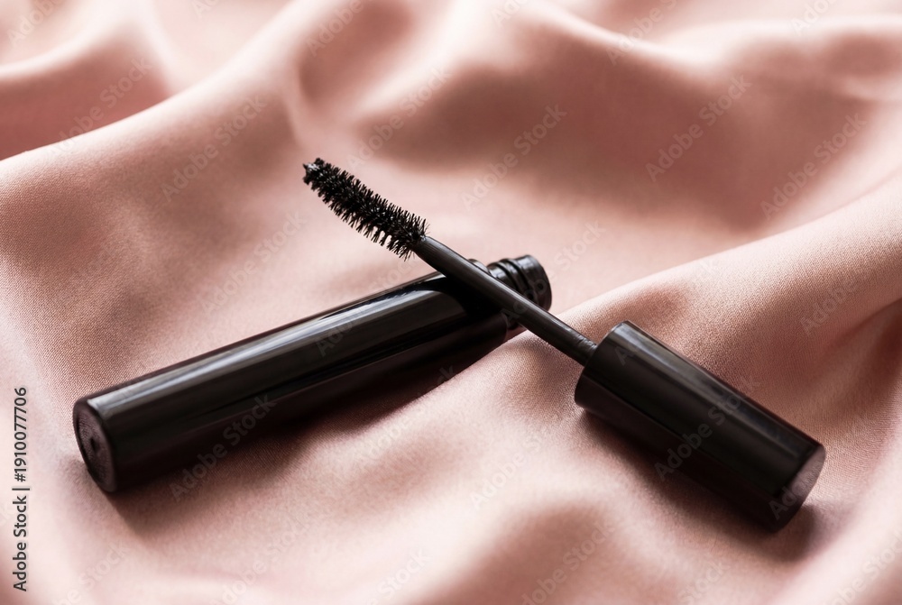 Naklejka premium Black mascara tube with applicator wand on soft pink silk fabric beauty product