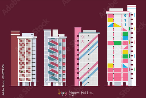 Side profiles of Singapore's public housing flats showcase a variety of architectural styles and color schemes, reflecting the country's commitment to practical yet visually distinct urban design. 