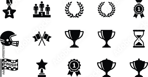 Winner award and competition icon set with trophies medals podium laurel wreath and victory symbols