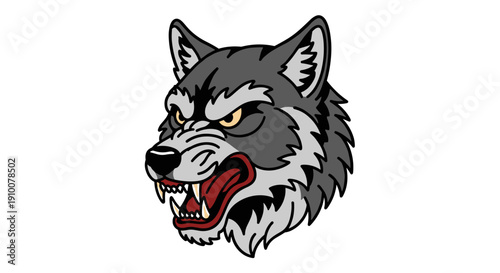 Aggressive Wolf Head Illustration with Open Mouth.