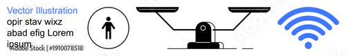 Connectivity, equality, decision-making, justice, technology, remote access. Black balance scale, person icon and wireless symbol on a white background. Connectivity and equality concepts