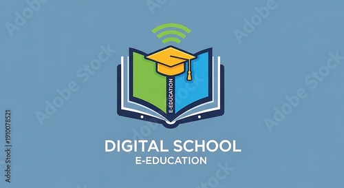 Digital school education concept with open book and graduation cap logo
