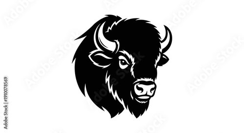 Black and White Bison Head Illustration.