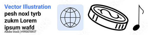 Globalization, economy, finance, music, creative economy, trade. Globe, coin with dollar sign and music note in minimal design. Globalization and economy in creative