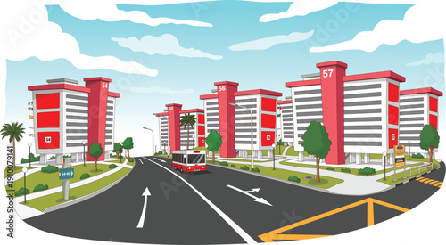 High-rise public flats in Singapore, with trees, streetlights, and a passing bus. A blue sky adds charm to the orderly streetscape of Singapore. 