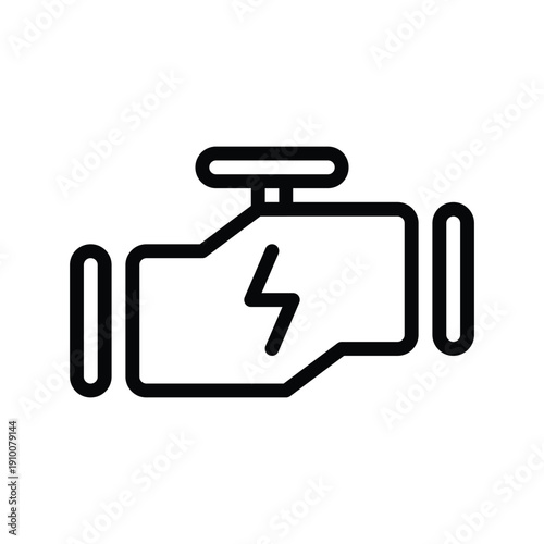 A simple line drawing of a car engine symbol with a lightning bolt inside indicating a warning or malfunction. Motor and Spare part single line icon UI design.