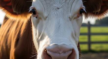 Captivating close-up photos of a farm cow's face, showcasing its gentle eyes and unique markings in natural light