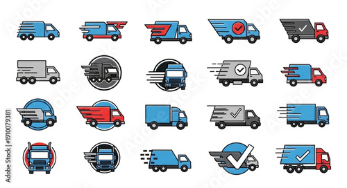 Collection of delivery truck icons representing logistics and shipping services.
