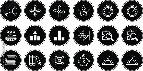 Black circular business strategy icon set with analytics finance growth process and management symbols collection