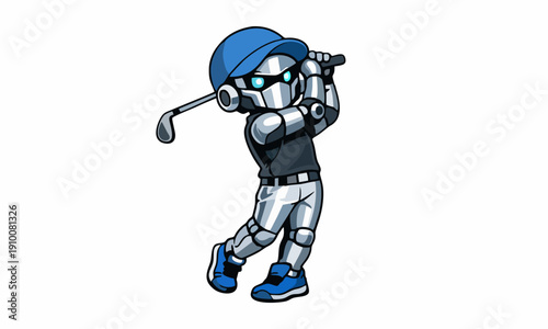 Futuristic robotic golfer in action cartoon illustration