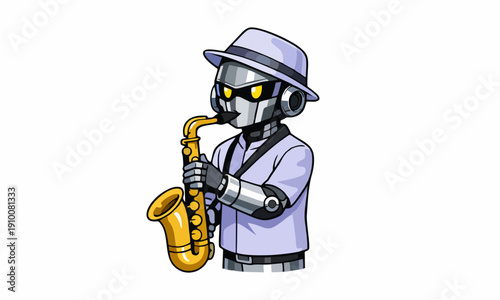 Robot saxophonist in futuristic style cartoon illustration
