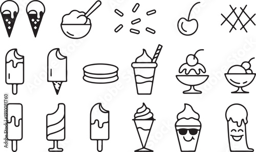 Diverse collection of black and white line art icons featuring sweet frozen desserts and ice cream treats