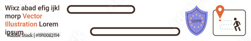 Data security, GDPR compliance, location services, identity verification, information tracking, secure systems. Shield with GDPR icon and map with tracking. Data security and GDPR compliance concepts
