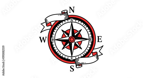 Red and Black Compass with Cardinal Directions.