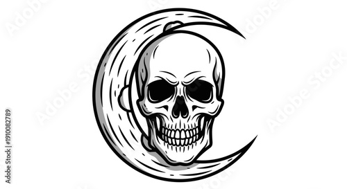 Skull Illustration with Crescent Moon Symbol.
