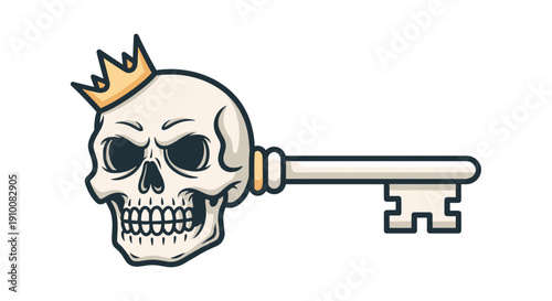Skull with Crown and Key Illustration.