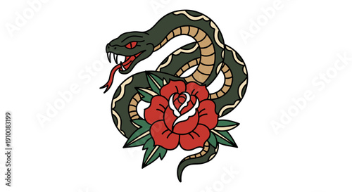 Snake wrapped around red flower tattoo design.