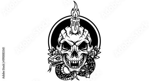 Tattoo Style Skull with Snake Design.