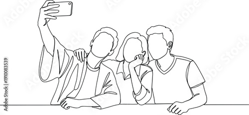Continuous one line drawing of three diverse friends taking selfie photo with smartphone for social media and friendship.