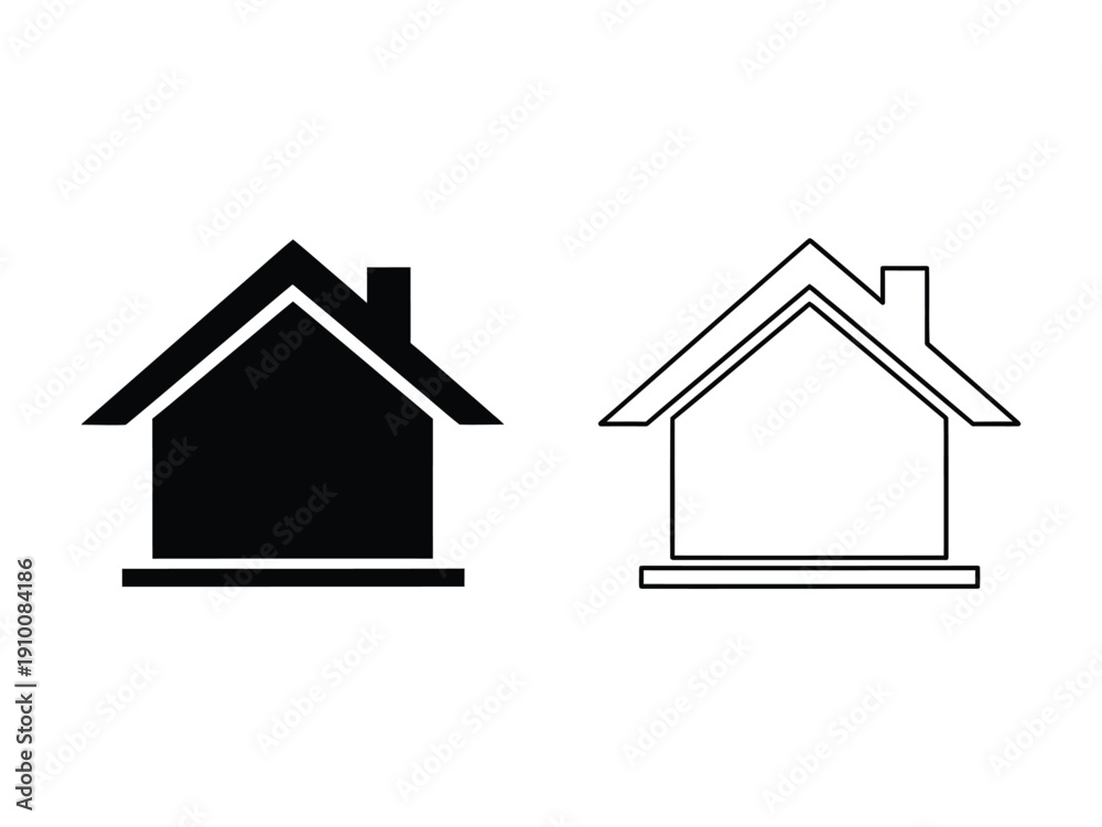 Fototapeta premium Two house icons, one solid black and one outline, representing home and real estate concepts.