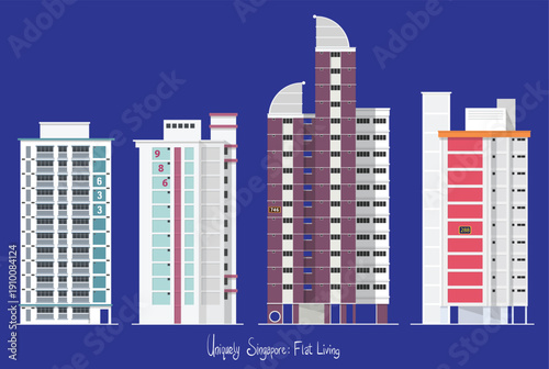 Side profiles of Singapore's public housing flats showcase a variety of architectural styles and color schemes, reflecting the country's commitment to practical yet visually distinct urban design. 