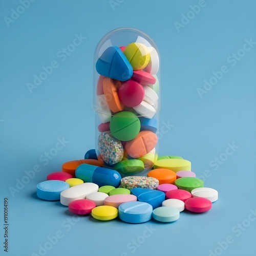 colorful pills in a glass jar