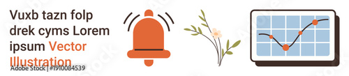 Business communication, data analytics, notification systems, alert management, floral design, trends. A notification bell, floral element and data chart. Data analytics and notification systems