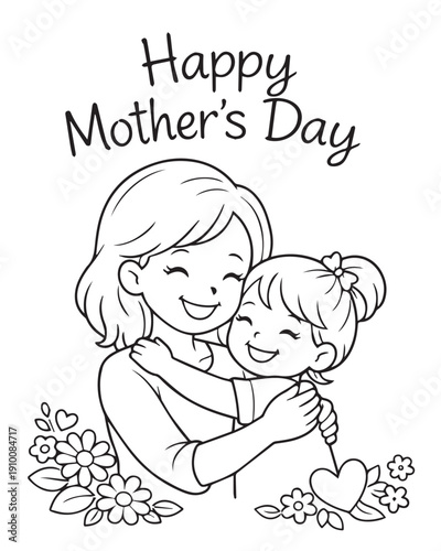 A vector illustration of a mother hugging her little daughter, designed with soft simple lines to represent Mother's Day love, family bonding, emotional warmth, parental care.