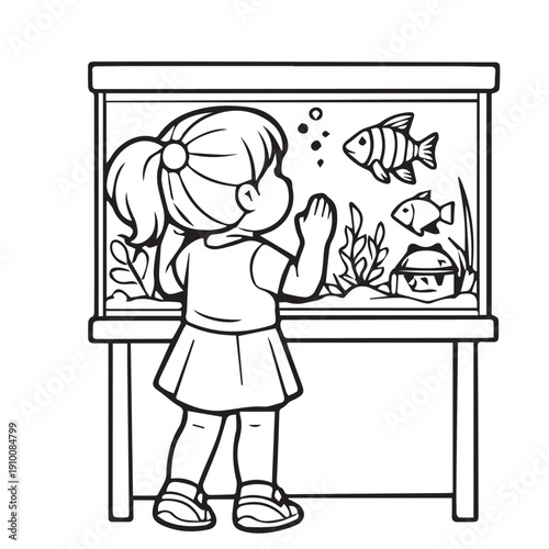 A vector illustration of a little girl looking at an aquarium filled with many fish designed with simple clean lines to represent childhood curiosity, marine life learning, and educational exploration