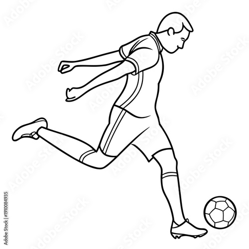 Dynamic illustration of soccer player kicking ball with energy and strength, capturing the motion and action of the game