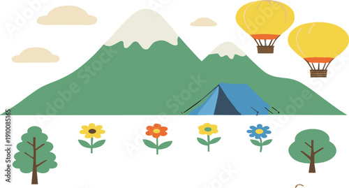 Flat vector landscape illustration featuring mountains campsite tent trees flowers and hot air balloons adventure travel concept