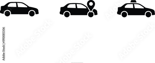 Car silhouette icon set with sedan taxi and location pin symbol for transportation navigation services