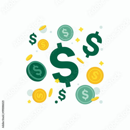 Dollar Currency Symbols and Coins Financial Flat Vector Illustration