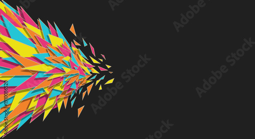 A vibrant explosion of colorful geometric triangles bursts across a dark background, creating a dynamic and modern abstract design perfect for creative projects.