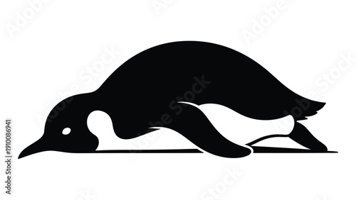 A black silhouette of a penguin sliding on its belly across a snowy surface isolated on white background, Vector