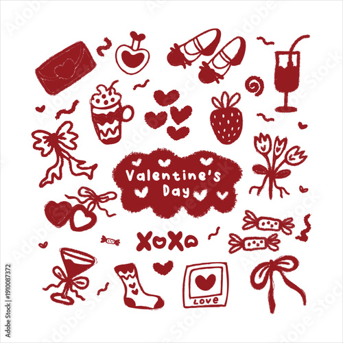 Hand Drawn Crayon Valentine Doodle Illustration Set with Hearts, Flowers, Candy and Romantic Elements, Red Textured Cute Decorative Clipart Collection