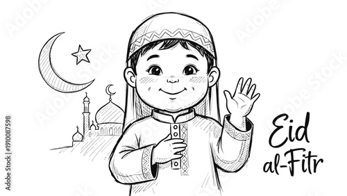 Young Muslim Girl Celebrating Eid with Crescent Moon and Mosque