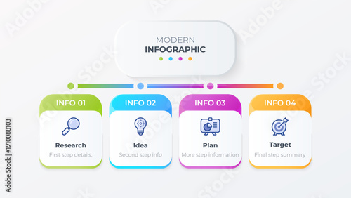 Modern business infographic template with four horizontal steps. Ideal for showcasing workflows, stages, and project development.