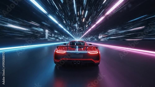 Red sports car races through a futuristic tunnel with vibrant neon lights.
