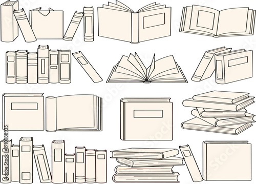 Hand drawn books collection with open and stacked textbooks library sketch vector illustration set
