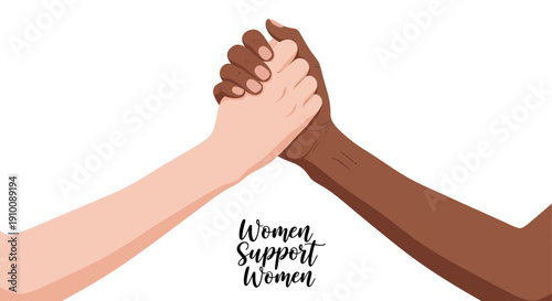 Two hands of different skin tones clasped together in a show of solidarity and support, symbolizing unity and empowerment amongst women, with the words 'Women Support Women' inscribed