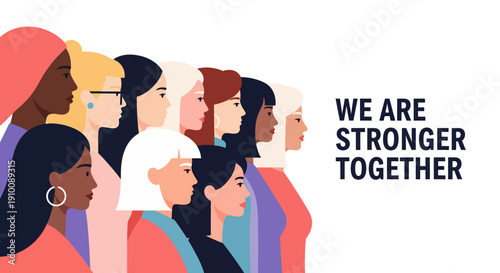A powerful illustration depicting a diverse group of women standing united, symbolizing collective strength, female empowerment, and global solidarity
