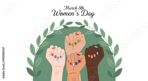 An empowering illustration featuring diverse raised fists, symbolizing unity, strength, and collective action for women's rights and gender equality worldwide