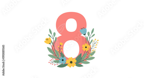 Elegant floral number eight illustration adorned with vibrant spring flowers and green foliage, ideal for celebrating special occasions, growth, and natural beauty in a sophisticated artistic style