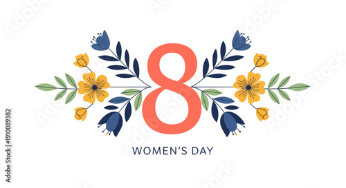 Elegant floral illustration featuring the number 8, symbolizing International Women's Day, surrounded by vibrant flowers and leaves, perfect for celebrating female empowerment and global solidarity
