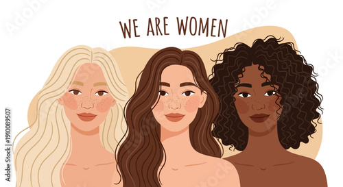 Diverse women's beauty and empowerment represented by three female portraits, celebrating unity and strength