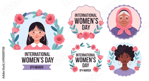 International Women's Day Celebration Badges Featuring Diverse Women and Floral Decorations